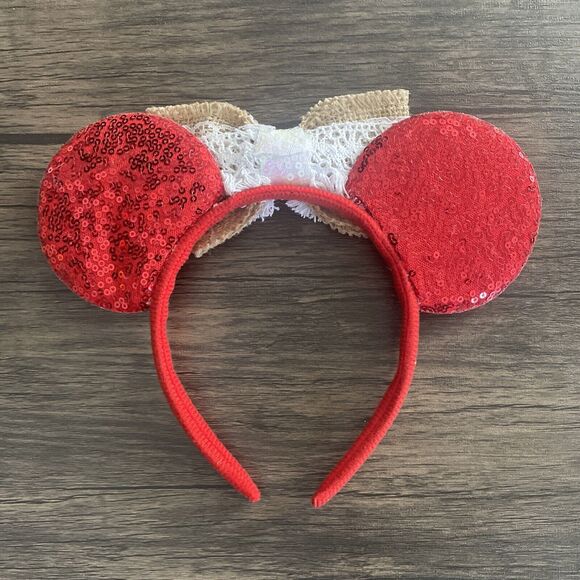 Girls Princesses Red Sequin Ear Headband Shells Gold Burlap Lace - Picture 5 of 6